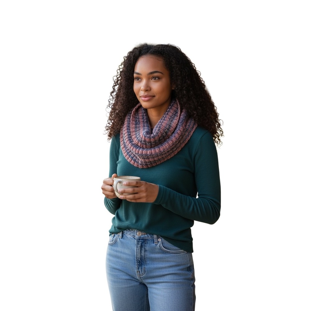 Pink Blue Space Dye Ribbed handmade Knit Infinity Scarf Cowl Neck  One Size‎